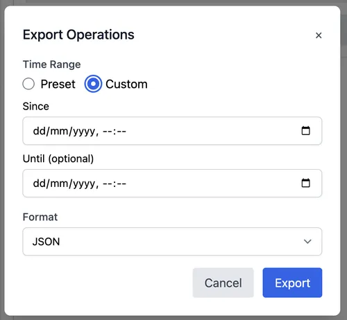 Export Operations modal - custom range