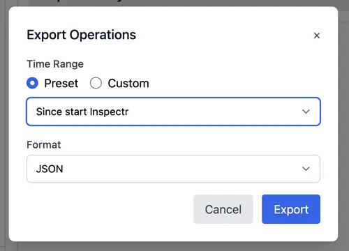 Export Operations modal - Presets