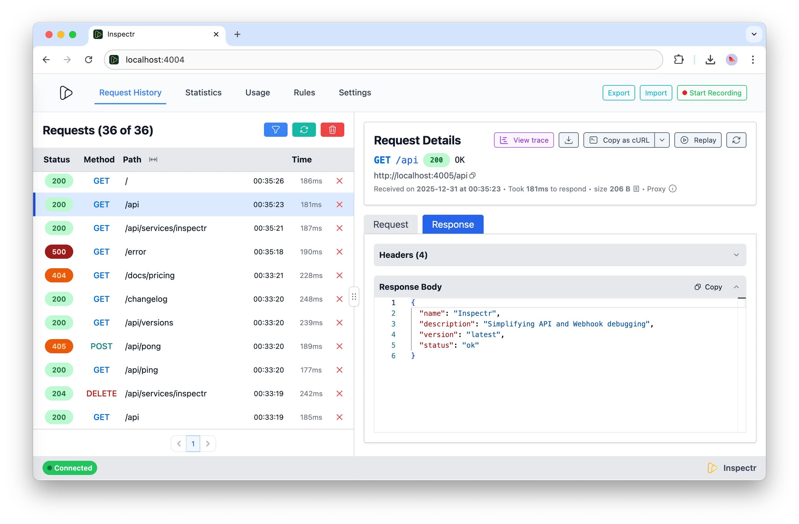 Inspectr showing request details
