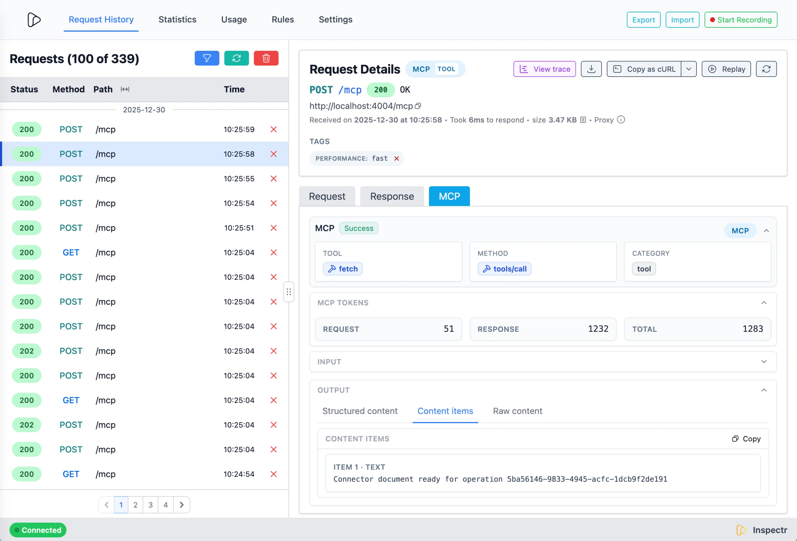 Inspectr showing MCP call details