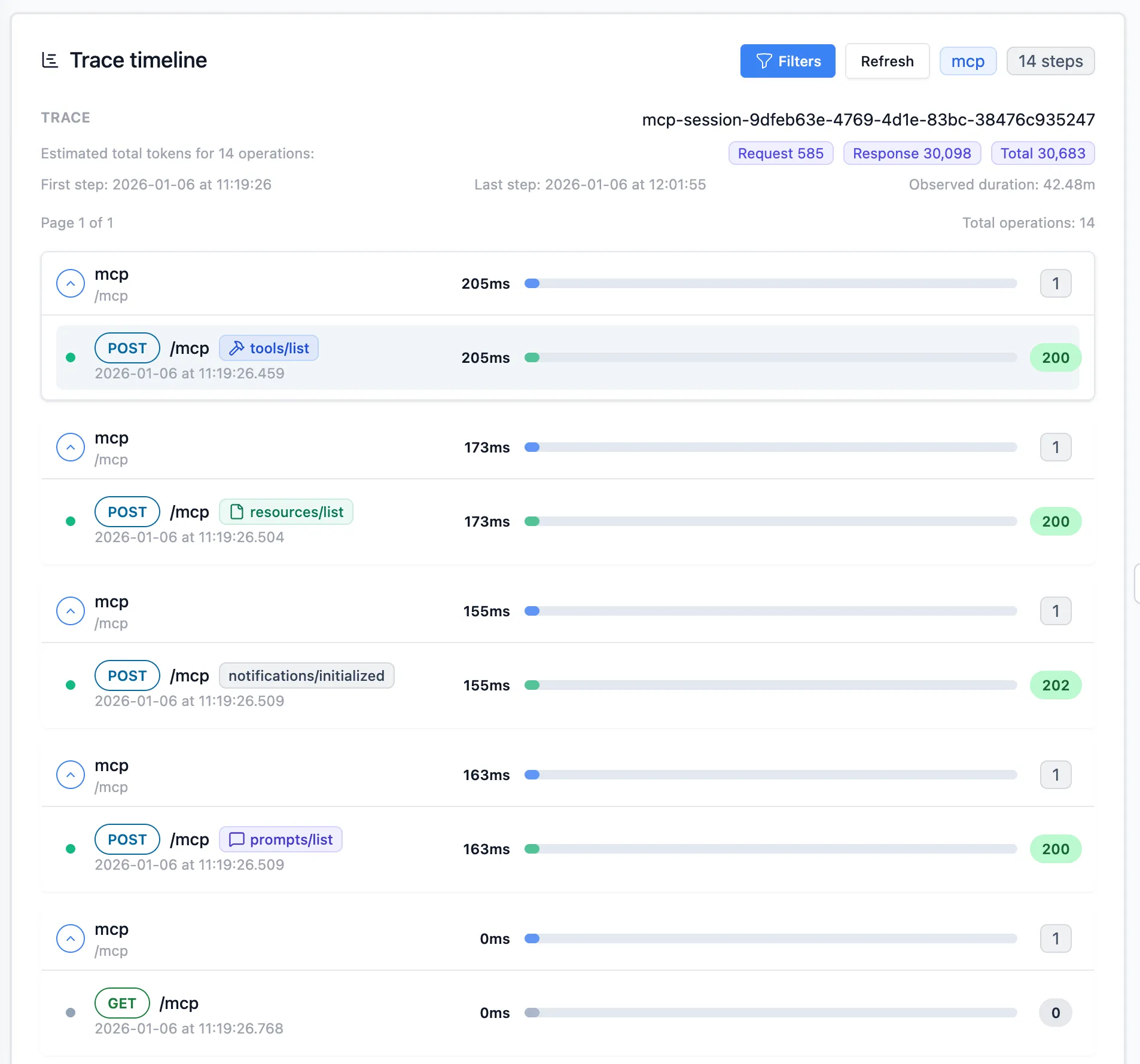 Inspectr showing MCP token usage totals and breakdown