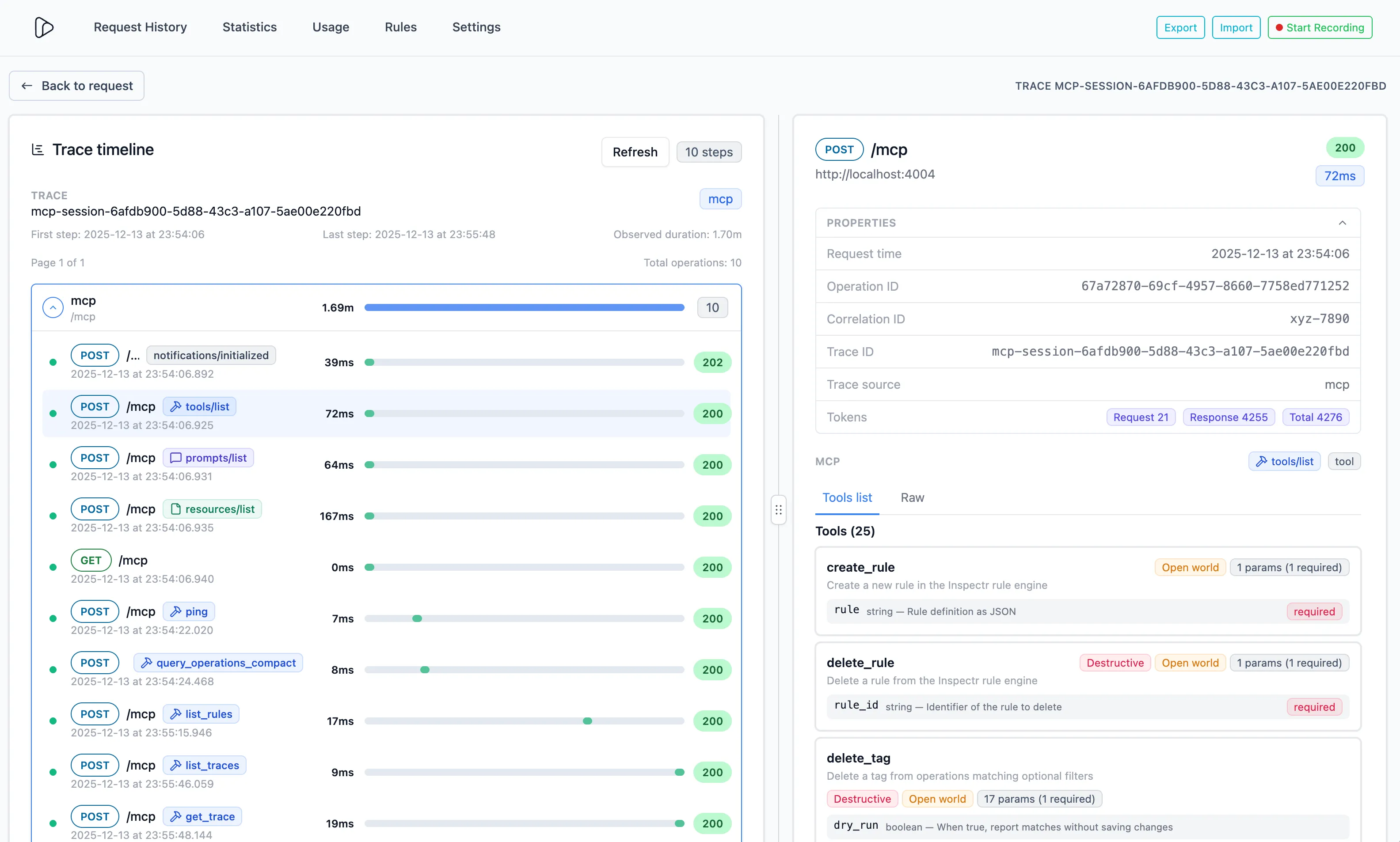 Inspectr MCP insights view showing MCP request details