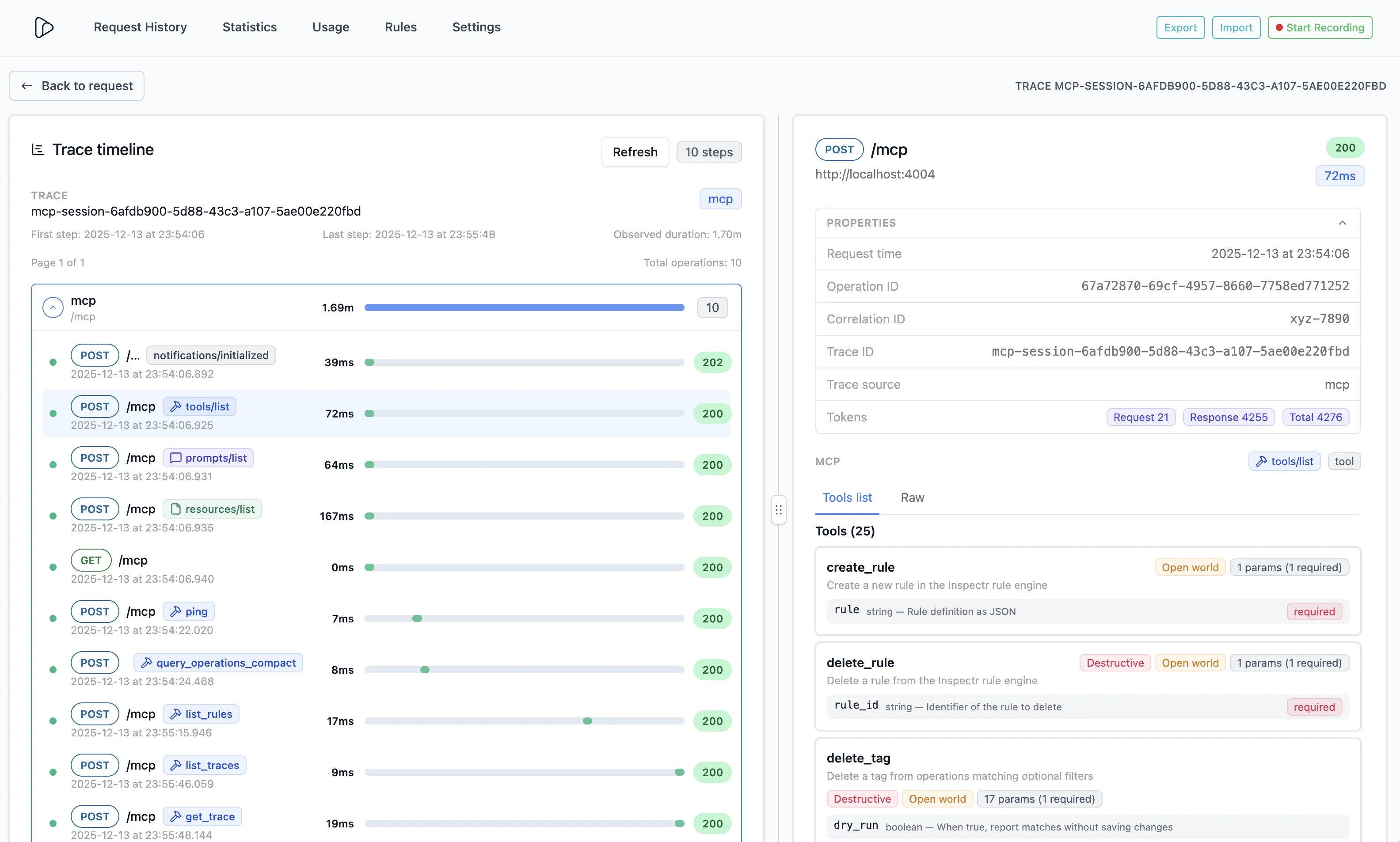 Inspectr tracing view showing MCP flow and tool calls