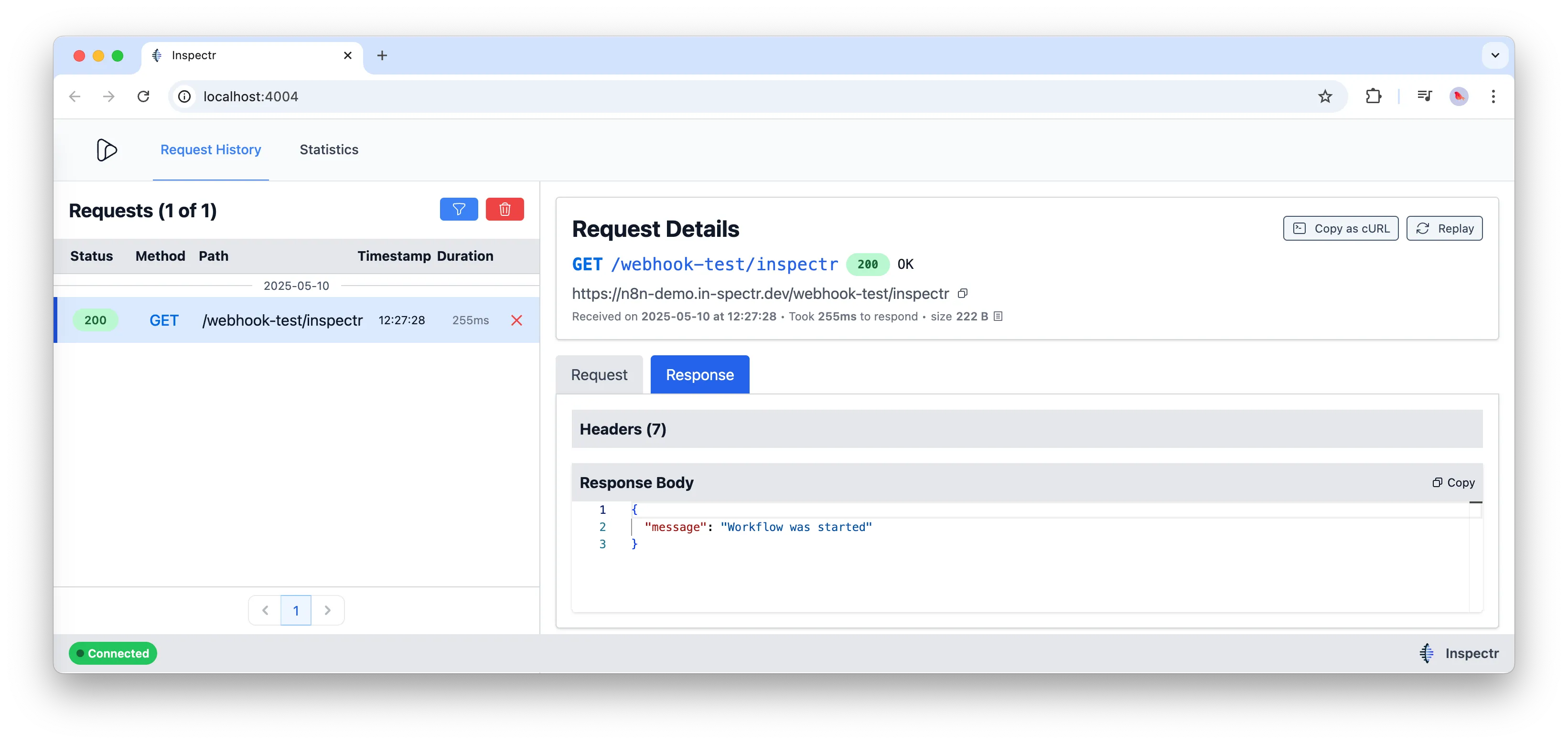 n8n request in Inspectr