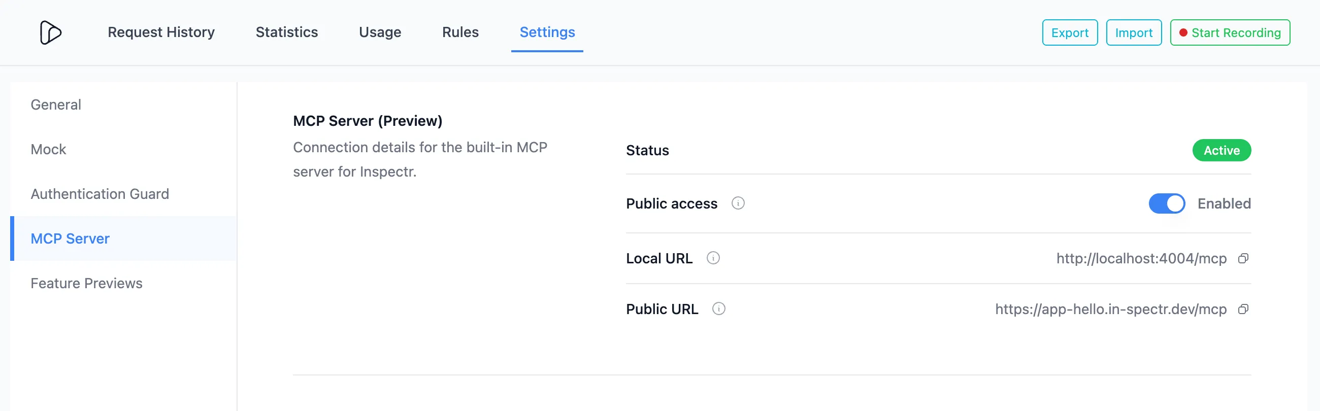 Public Inspectr MCP server settings