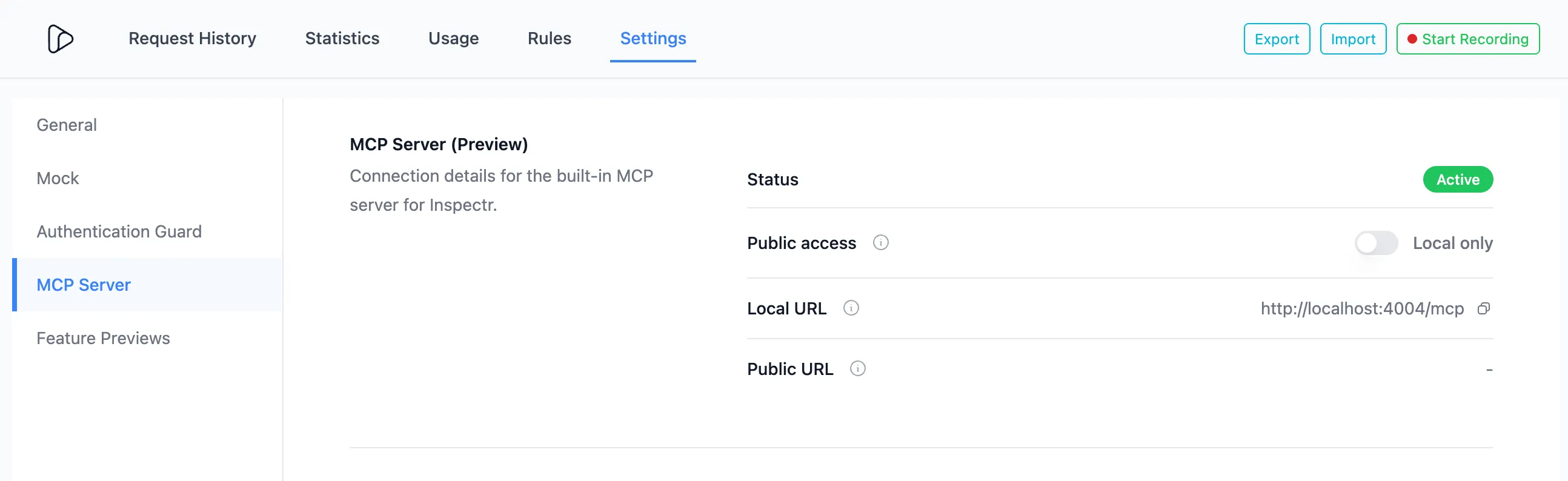 Inspectr MCP server settings