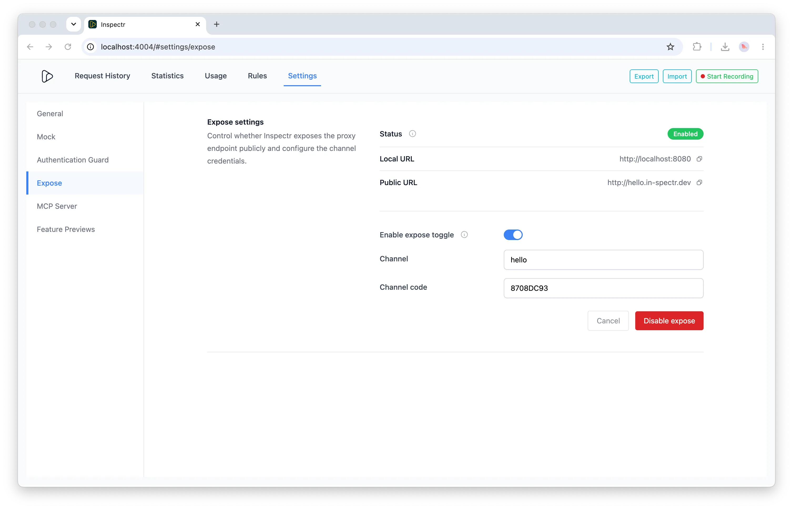 Inspectr App Expose settings showing tunnel status, local URL, public URL, channel, and channel code
